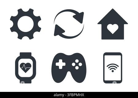 Minimalist technology icon set. Modern vector flat UI symbols in black and white Stock Vector
