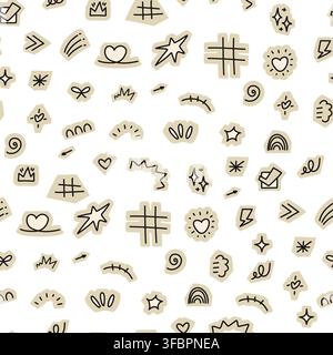 Seamless Pattern Scrapbook Paper Cutouts featuring Hand Drawn UI Symbols Collage Sticker. Cut with Doodle lightning Heart Arrow and Signs on White Stock Vector