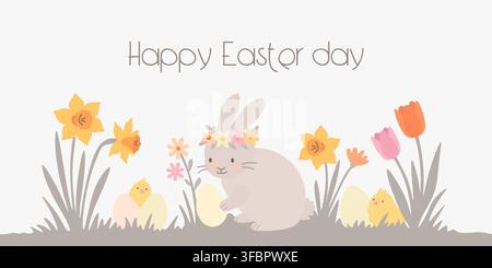 Cute Easter bunny with flower wreath, eggs, yellow chicks and spring flowers for greeting card. Holiday celebration illustration. Stock Vector