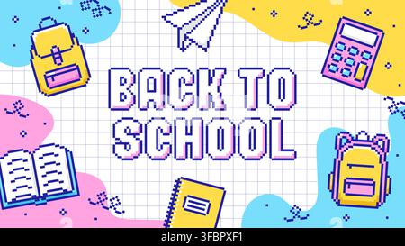 Retro 8-bit pixel art style Back to School banner template with school supplies on grid background. Vector illustration Stock Vector
