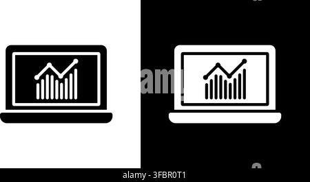 Laptop With Graph Solid Icon Set. Data Analysis, Business Growth, And Financial Reporting Silhouette Symbol Collection. Performance Metrics Stock Vector