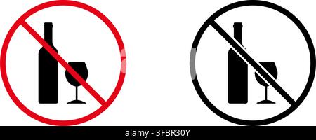 No Alcohol Allowed Solid Icon Set. Alcohol Prohibition, No Drinking, And Beverage Restriction Silhouette Symbol Collection. Safety And Health Stock Vector