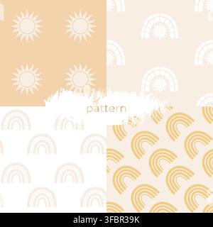 Collection of four seamless boho patterns featuring sun and rainbow shapes in a minimal style. Designed in soft neutral and warm tones, perfect for nu Stock Vector