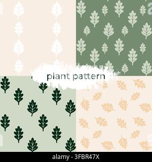 Collection of four seamless leaf patterns designed in a minimal botanical style. Features simple organic leaf shapes in soft green and beige tones. In Stock Vector