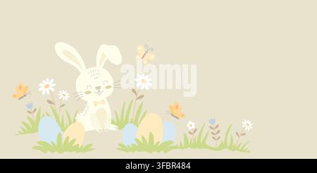 Cute bunny sitting in grass with colorful Easter eggs and butterflies. Spring nature illustration with daisy flower. Stock Vector