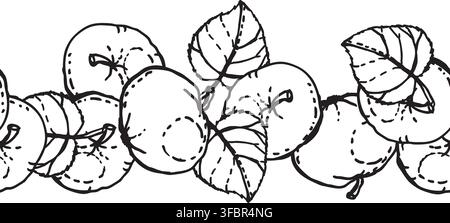 A seamless vector border featuring apples and leaves, hand-drawn Stock Vector