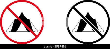 No Camping Prohibition Sign Icon Set. Forbidden Camping Warning And Restriction Symbol Collection. Stop And Ban Notice. Isolated Vector Illustration Stock Vector