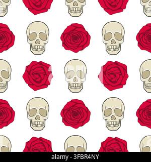 Seamless pattern with red roses and skulls. Colored vector background on white. Stock Vector