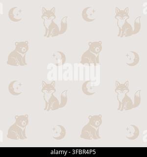 Seamless pattern with forest animals and moon elements, perfect for night nursery theme. Stock Vector