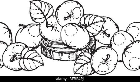 A vector illustration of a seamless border featuring apples with leaves and a round wooden board Stock Vector