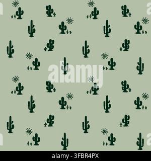 Seamless cactus pattern with scattered elements and small sun details in minimal style. Stock Vector