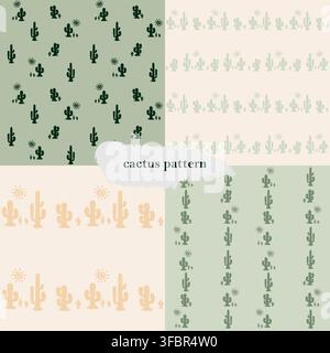 Collection of four seamless cactus patterns designed in a minimal desert style. Features simple cactus silhouettes with small sun elements in soft gre Stock Vector
