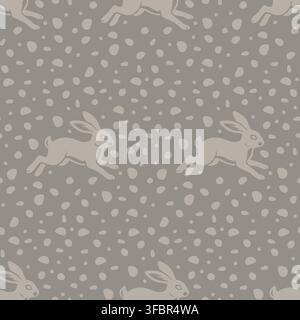 Seamless pattern with cute rabbits and abstract background in minimal neutral style. Stock Vector