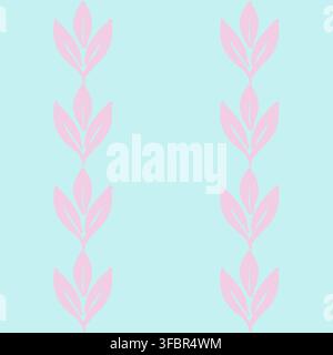 Vertical rows of delicate pink leaf branches on a soft pastel blue background. Minimalist botanical seamless pattern ideal for spring textiles, nurser Stock Vector