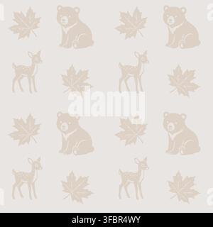 Seamless woodland pattern with bear, deer and autumn leaves in soft neutral palette. Stock Vector
