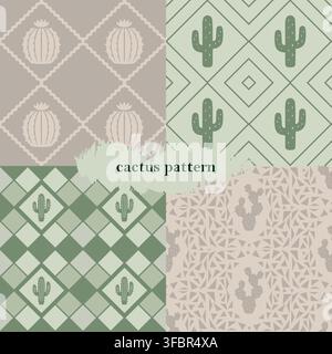 Collection of four seamless geometric patterns inspired by boho, tribal and desert aesthetics. Features abstract cactus-like shapes, rustic textures a Stock Vector