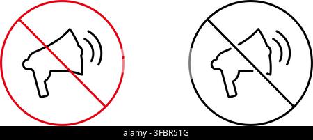Megaphone With Prohibition Symbol Line Icon Set. Noise Control, Silence, And Sound Restriction Outline Symbol Collection. Public Announcement Stock Vector