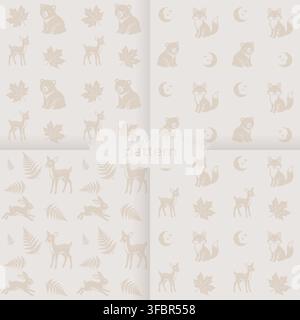 Collection of four seamless woodland patterns featuring cute forest animals such as deer, fox, bear and rabbit combined with leaves, moon and nature e Stock Vector