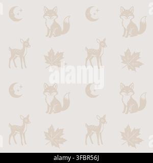 Seamless pattern combining multiple woodland animals and natural elements. Stock Vector