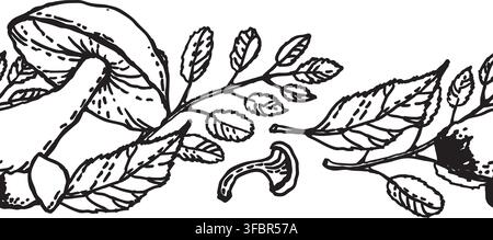 A seamless vector border featuring mushrooms and autumn leaves, hand-drawn Stock Vector
