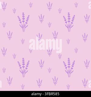 Tiny violet lavender sprigs and wildflowers arranged in a seamless pattern on a light purple background. Delicate meadow-inspired botanical design for Stock Vector
