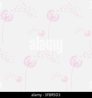 Delicate pink blowball flowers with seeds flying in the wind on a white background. Airy and romantic floral pattern for nursery decor, stationary, an Stock Vector