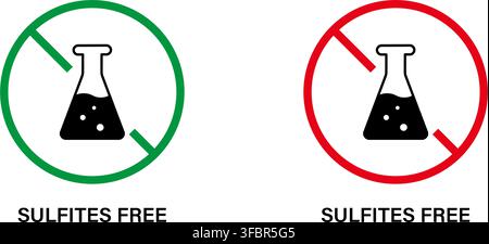 Chemical Flask With Prohibition Sign Solid Icon Set. Sulfites Free, Allergen-Free, And Chemical-Free Product Label Silhouette Symbol Collection Stock Vector