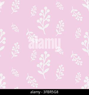 Elegant white hand-drawn plant silhouettes scattered on a pastel pink background. A soft and romantic seamless pattern perfect for feminine branding, Stock Vector