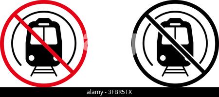No Train Prohibition Sign Icon Set. Forbidden Train Warning And Restriction Symbol Collection. Stop And Ban Notice. Isolated Vector Illustration Stock Vector