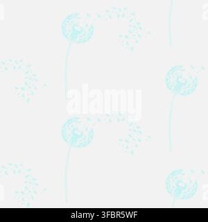 Minimalist light blue and teal dandelion patterns with blowing seeds. Fresh and clean botanical design ideal for eco-friendly packaging, textile print Stock Vector