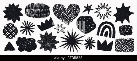 Crayon texture paint with heart and crown shapes. Star, asterisk and rainbow marks pair with dotted cloud outline. Fits stickers, cards and logos Stock Vector