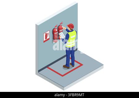 Isometric worker inspecting fire extinguishers with checklist Stock Vector