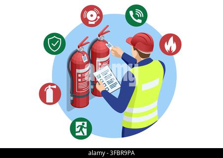 Isometric worker inspecting fire extinguishers with checklist Stock Vector