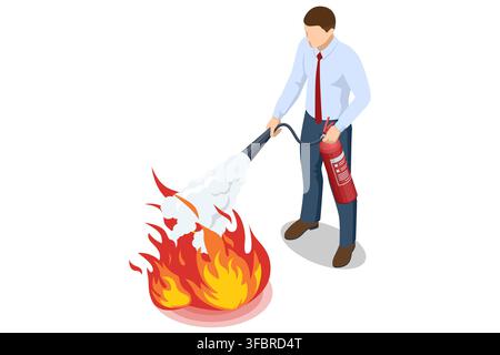 Isometric man using fire extinguisher to suppress flames Stock Vector