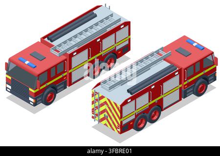 Isometric fire engine set with side and rear views Stock Vector