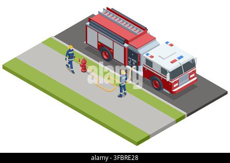 Isometric firefighters connecting hose to hydrant by fire truck Stock Vector