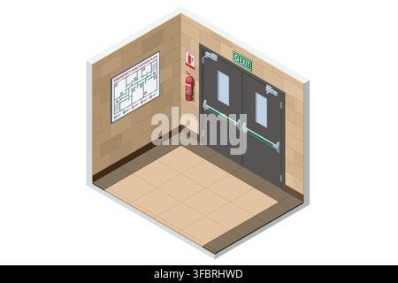 Isometric fire exit corridor with evacuation plan and extinguisher Stock Vector