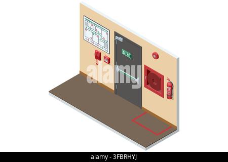 Isometric fire exit corridor with alarm, hose reel and extinguisher Stock Vector