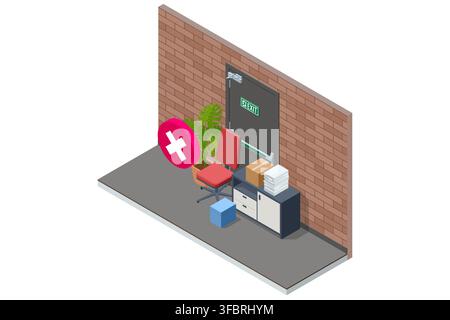 Isometric blocked fire exit showing workplace evacuation hazard Stock Vector