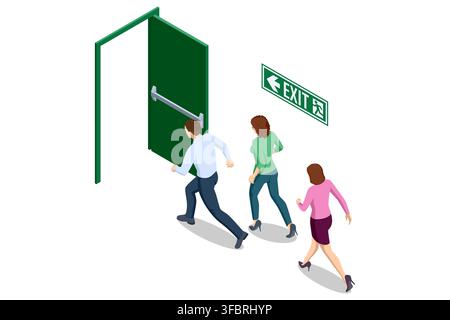 Isometric people evacuating through emergency fire exit Stock Vector