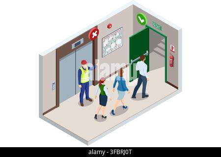 Isometric workplace fire evacuation with safety officer and exit Stock Vector