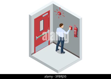 Isometric man activating fire alarm beside emergency exit Stock Vector