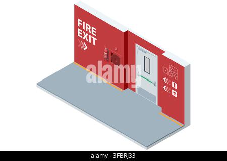 Isometric fire exit area with hose reel and extinguisher Stock Vector