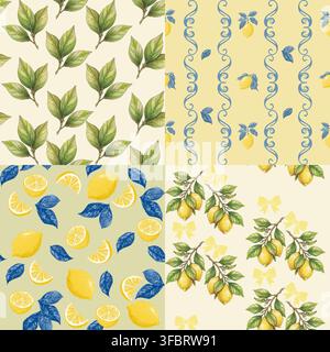 High-quality vector set of four matching seamless repeat patterns in a sunny Mediterranean aesthetic. Features ripe yellow lemons, citrus slices, bota Stock Vector