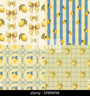 High-quality vector set of four matching seamless repeat patterns in a romantic Mediterranean aesthetic. Features ripe yellow lemons, cute gingham pla Stock Vector