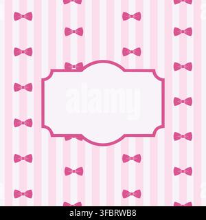 Retro style background template in magenta tones, decorated with vertical stripes, cute geometric ribbon bows, and an elegant central empty text label Stock Vector