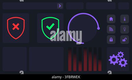 Premium vector user interface design elements in modern dark purple neon style. Features a hybrid smart home and cyber security dashboard layout with Stock Vector