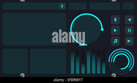Premium vector user interface design components in modern cyan and dark teal tech style. Features universal dashboard layout with a circular controlle Stock Vector