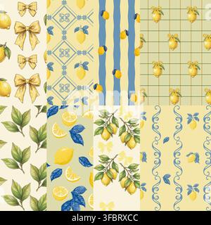 Premium collection of eight vector seamless repeat patterns in a sunny Mediterranean and Amalfi aesthetic. Features ripe yellow lemons, citrus slices, Stock Vector