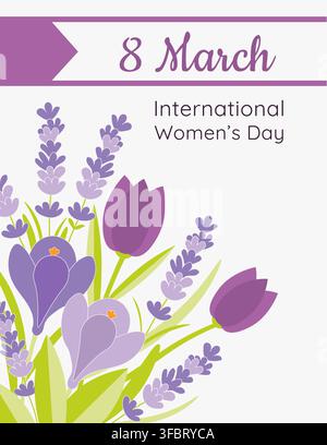 A bouquet of purple crocuses, tulips, and lavender on a spring card for International Women's Day against a light Cloud Dancer background. Stock Vector